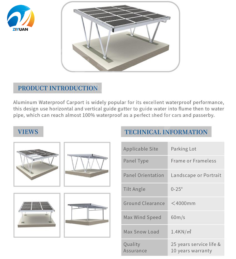 Aluminum Carport Mounting System – Waterproof Solar Carport for Efficient Land Use and Protection